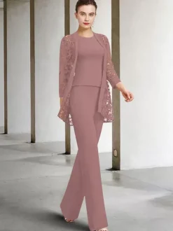 Robe de soirée pour mère de la mariée col bijou manches 3/4 ligne a dentelle longueur cheville robes d'invitées pour mariage personnalisation gratuite