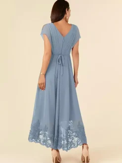 Robe de soirée pour mère de la mariée col en v sans manches ligne a plissée longueur cheville robes d'invitées de mariage