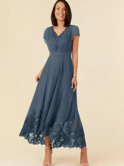 Robe de soirée pour mère de la mariée col en v sans manches ligne a plissée longueur cheville robes d'invitées de mariage