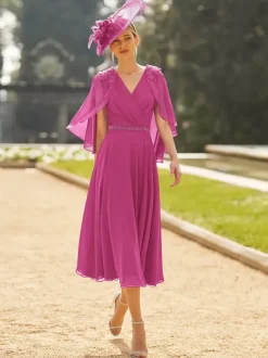 Robe de soirée pour mère de la mariée col en v demi-manches ligne a ceinture longueur thé robes d'invitées pour mariage