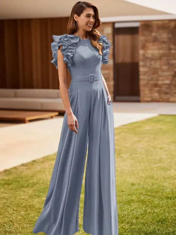 Robe de soirée pour mère de la mariée combinaison sans manches à col bijou à volants robes d'invitées de mariage
