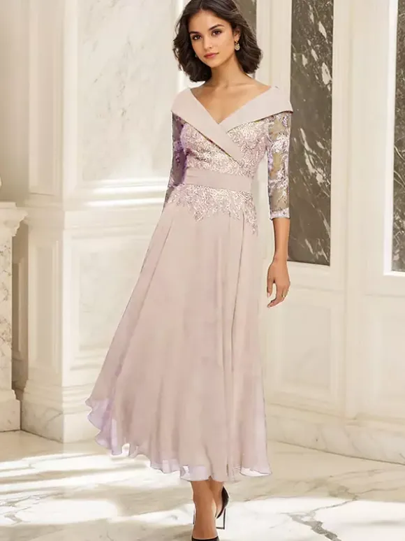 Robe de soirée pour mère de la mariée col en V manches 3/4 robe de bal dentelle longueur thé robes d'invitées pour mariage