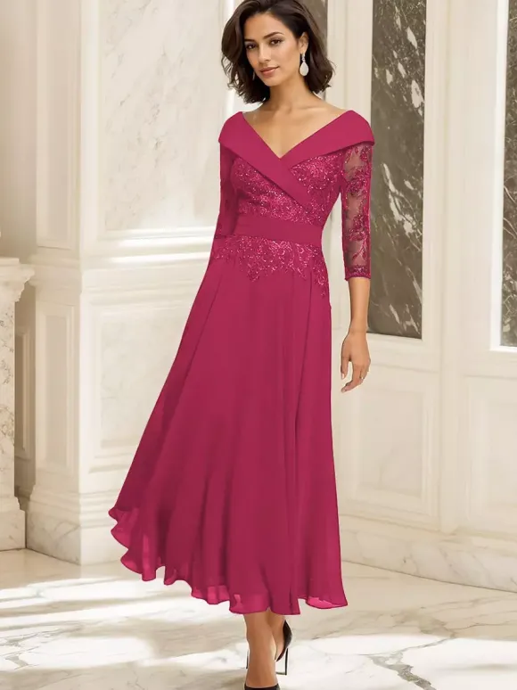 Robe de soirée pour mère de la mariée col en V manches 3/4 robe de bal dentelle longueur thé robes d'invitées pour mariage