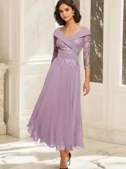 Robe de soirée pour mère de la mariée col en V manches 3/4 robe de bal dentelle longueur thé robes d'invitées pour mariage