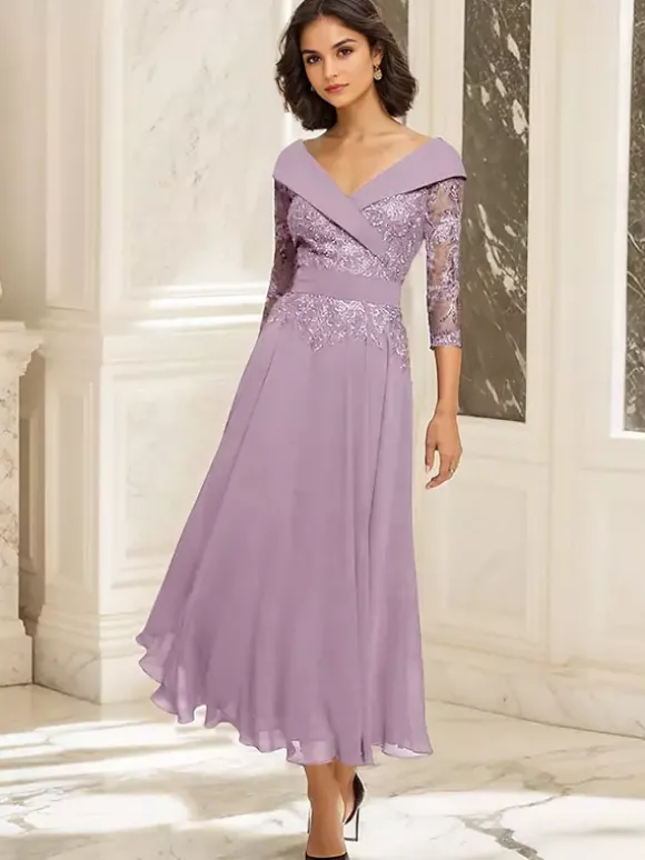 Robe de soirée pour mère de la mariée col en V manches 3/4 robe de bal dentelle longueur thé robes d'invitées pour mariage