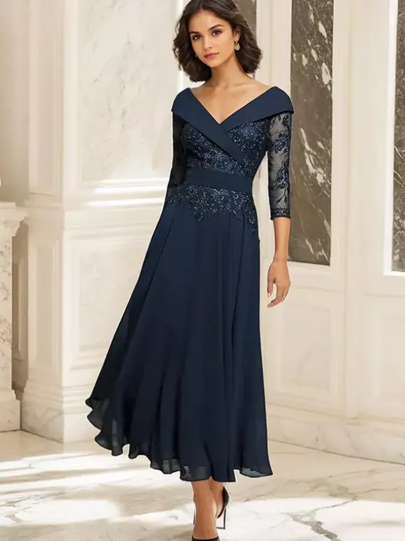 Robe de soirée pour mère de la mariée col en V manches 3/4 robe de bal dentelle longueur thé robes d'invitées pour mariage
