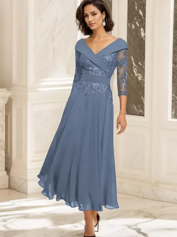 Robe de soirée pour mère de la mariée col en V manches 3/4 robe de bal dentelle longueur thé robes d'invitées pour mariage