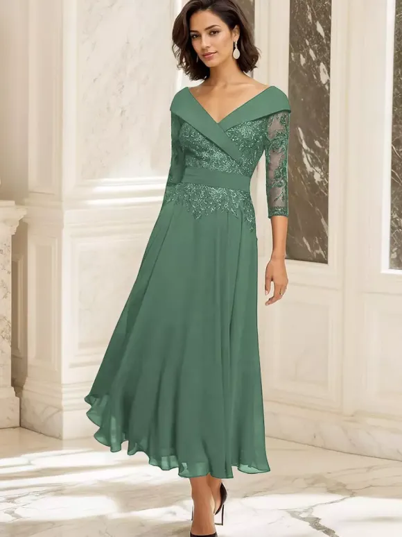 Robe de soirée pour mère de la mariée col en V manches 3/4 robe de bal dentelle longueur thé robes d'invitées pour mariage