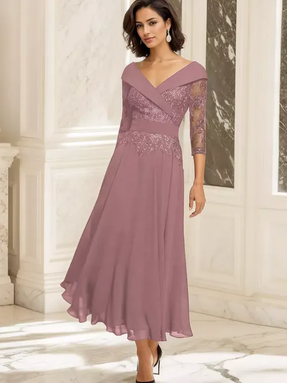 Robe de soirée pour mère de la mariée col en V manches 3/4 robe de bal dentelle longueur thé robes d'invitées pour mariage