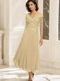 Robe de soirée pour mère de la mariée col en V manches 3/4 robe de bal dentelle longueur thé robes d'invitées pour mariage