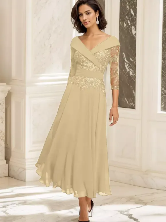 Robe de soirée pour mère de la mariée col en V manches 3/4 robe de bal dentelle longueur thé robes d'invitées pour mariage
