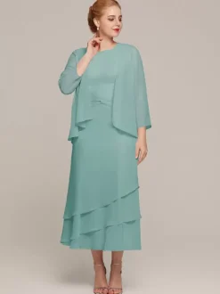 Robe de soirée pour mère de la mariée col bijou sans manches deux pièces à volants robes d'invitées de mariage