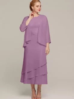 Robe de soirée pour mère de la mariée col bijou sans manches deux pièces à volants robes d'invitées de mariage