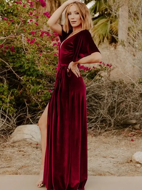 Robe de soirée pour mère de la mariée col en v manches courtes ligne a fendue sur le devant longueur au sol robes d'invitées pour mariage