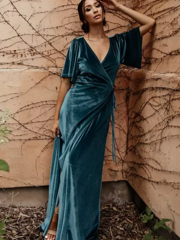 Robe de soirée pour mère de la mariée col en v manches courtes ligne a fendue sur le devant longueur au sol robes d'invitées pour mariage