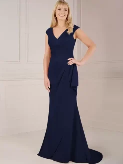 Robe de soirée pour mère de la mariée col en V sans manches robe de bal plissée avec traîne robes d'invitées de mariage