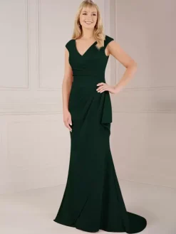 Robe de soirée pour mère de la mariée col en V sans manches robe de bal plissée avec traîne robes d'invitées de mariage