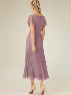 Robe de soirée pour mère de la mariée col en v manches courtes ligne a plissée longueur thé robes d'invitées de mariage