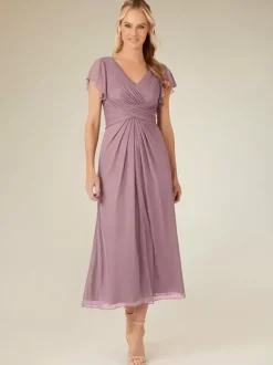 Robe de soirée pour mère de la mariée col en v manches courtes ligne a plissée longueur thé robes d'invitées de mariage