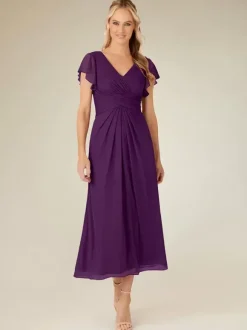Robe de soirée pour mère de la mariée col en v manches courtes ligne a plissée longueur thé robes d'invitées de mariage