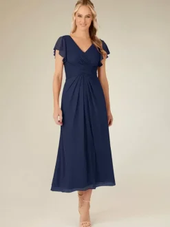 Robe de soirée pour mère de la mariée col en v manches courtes ligne a plissée longueur thé robes d'invitées de mariage