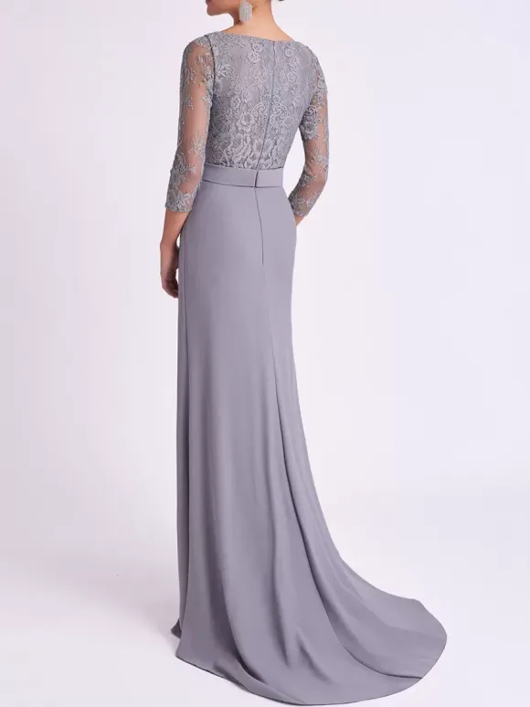 Robe de soirée pour mère de la mariée col bijou manches 3/4 ceinture sirène robes d'invitées pour mariage