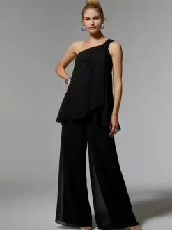 Robe de soirée pour mère de la mariée asymétrique épaule dénudée sans manches deux pièces robes d'invitées appliquées pour mariage