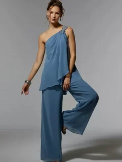 Robe de soirée pour mère de la mariée asymétrique épaule dénudée sans manches deux pièces robes d'invitées appliquées pour mariage