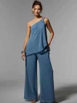 Robe de soirée pour mère de la mariée asymétrique épaule dénudée sans manches deux pièces robes d'invitées appliquées pour mariage