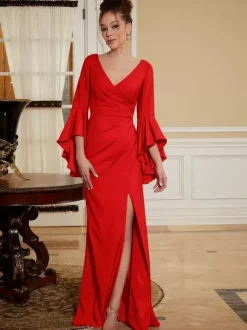 Robe de soirée pour mère de la mariée col en v manches cloche fendue sur le devant longueur au sol robes d'invitées de mariage trapèze