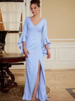 Robe de soirée pour mère de la mariée col en v manches cloche fendue sur le devant longueur au sol robes d'invitées de mariage trapèze