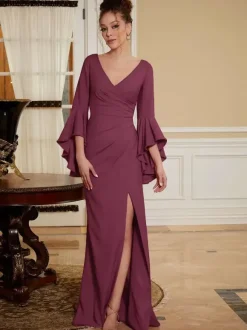 Robe de soirée pour mère de la mariée col en v manches cloche fendue sur le devant longueur au sol robes d'invitées de mariage trapèze