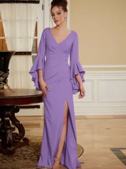 Robe de soirée pour mère de la mariée col en v manches cloche fendue sur le devant longueur au sol robes d'invitées de mariage trapèze