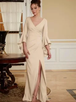 Robe de soirée pour mère de la mariée col en v manches cloche fendue sur le devant longueur au sol robes d'invitées de mariage trapèze