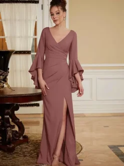 Robe de soirée pour mère de la mariée col en v manches cloche fendue sur le devant longueur au sol robes d'invitées de mariage trapèze