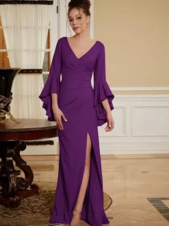 Robe de soirée pour mère de la mariée col en v manches cloche fendue sur le devant longueur au sol robes d'invitées de mariage trapèze