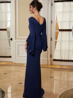 Robe de soirée pour mère de la mariée col en v manches cloche fendue sur le devant longueur au sol robes d'invitées de mariage trapèze