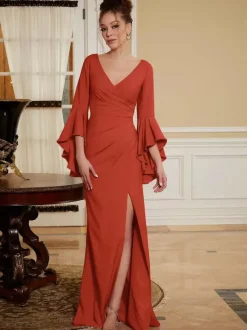 Robe de soirée pour mère de la mariée col en v manches cloche fendue sur le devant longueur au sol robes d'invitées de mariage trapèze