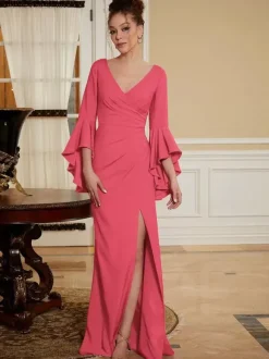 Robe de soirée pour mère de la mariée col en v manches cloche fendue sur le devant longueur au sol robes d'invitées de mariage trapèze