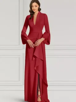 Robe de soirée pour mère de la mariée col en v manches longues sirène volants longueur au sol robes d'invitées pour mariage