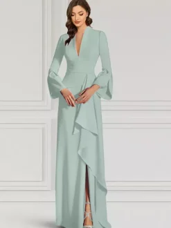 Robe de soirée pour mère de la mariée col en v manches longues sirène volants longueur au sol robes d'invitées pour mariage