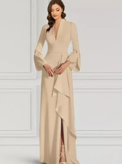 Robe de soirée pour mère de la mariée col en v manches longues sirène volants longueur au sol robes d'invitées pour mariage
