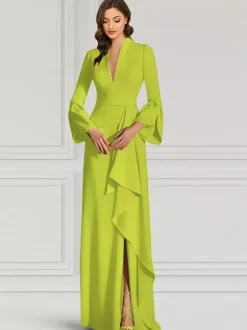 Robe de soirée pour mère de la mariée col en v manches longues sirène volants longueur au sol robes d'invitées pour mariage