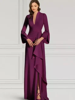 Robe de soirée pour mère de la mariée col en v manches longues sirène volants longueur au sol robes d'invitées pour mariage