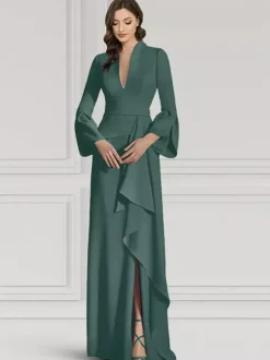 Robe de soirée pour mère de la mariée col en v manches longues sirène volants longueur au sol robes d'invitées pour mariage