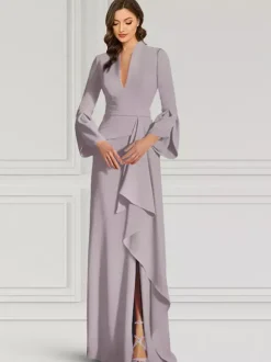 Robe de soirée pour mère de la mariée col en v manches longues sirène volants longueur au sol robes d'invitées pour mariage