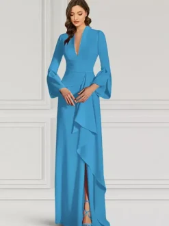 Robe de soirée pour mère de la mariée col en v manches longues sirène volants longueur au sol robes d'invitées pour mariage