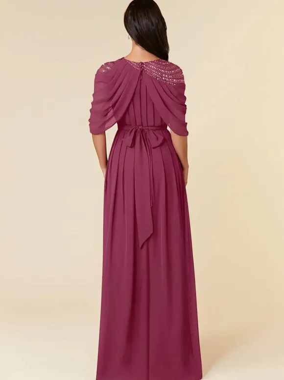 Robe de soirée pour mère de la mariée col bijou sans manches ligne a perles longueur au sol robes d'invitées de mariage