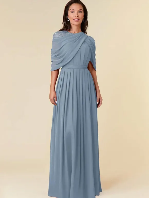 Robe de soirée pour mère de la mariée col bijou sans manches ligne a perles longueur au sol robes d'invitées de mariage