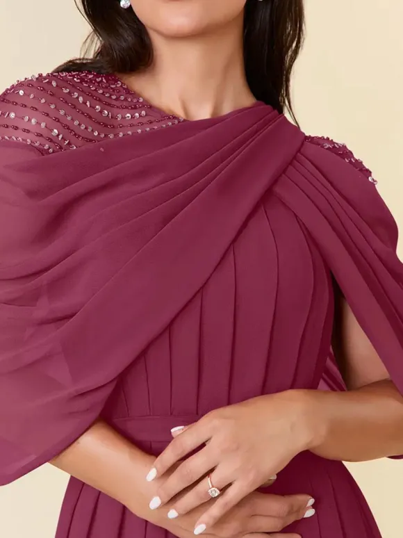 Robe de soirée pour mère de la mariée col bijou sans manches ligne a perles longueur au sol robes d'invitées de mariage